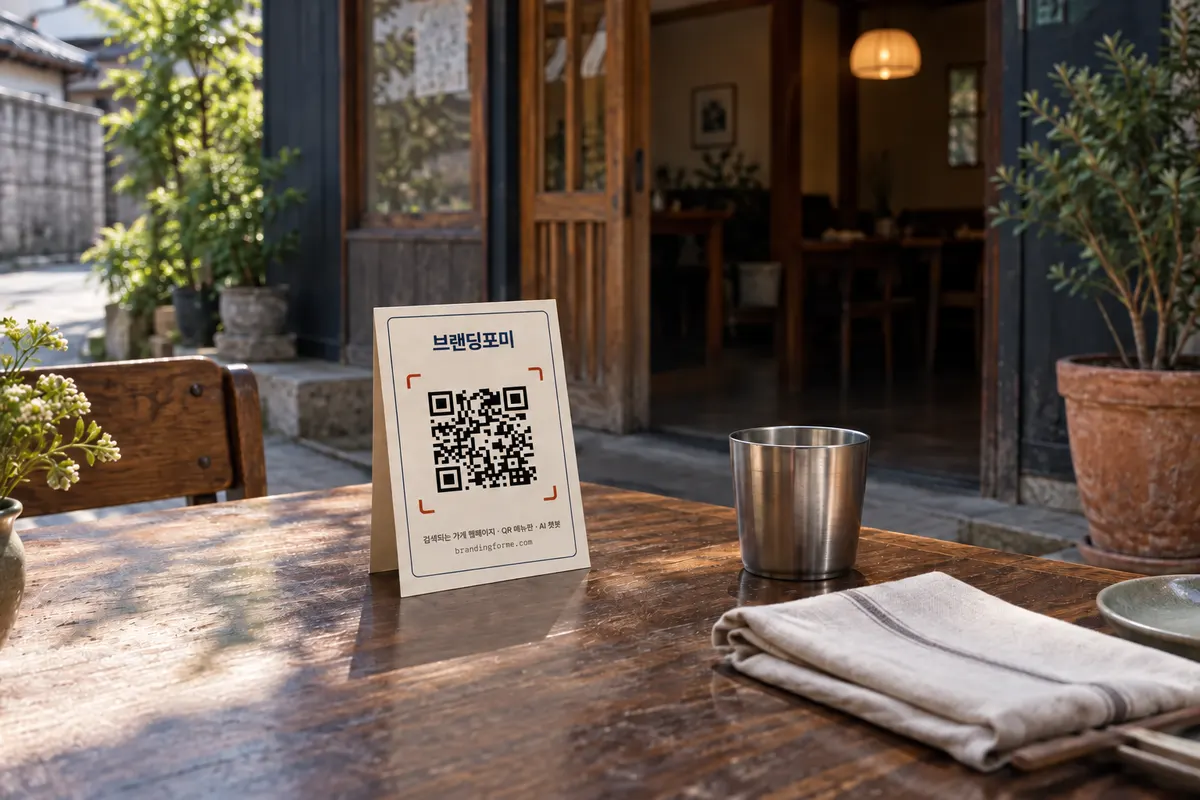 식당 테이블 위 브랜딩포미 QR 안내판과 물컵. 제공된 QR 디자인을 반영한 AI 연출 이미지